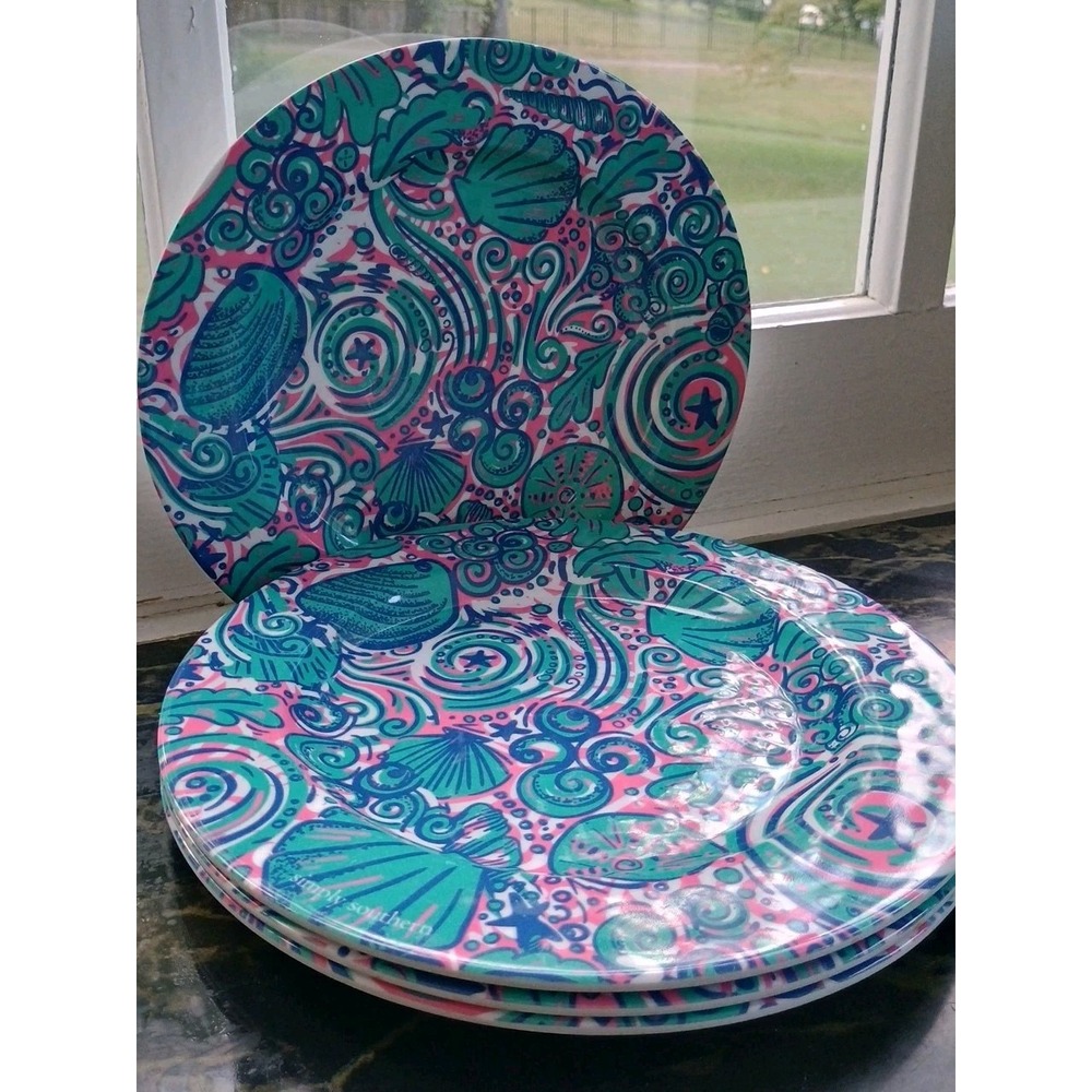 Simply Southern Pink And Blue Shell Patterned Plates Set Of‎ 4